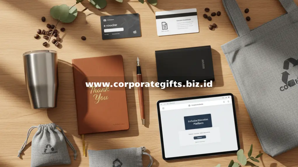 Contoh merchandise apresiasi karyawan berupa tumbler, tote bag, dan planner custom berlogo perusahaan